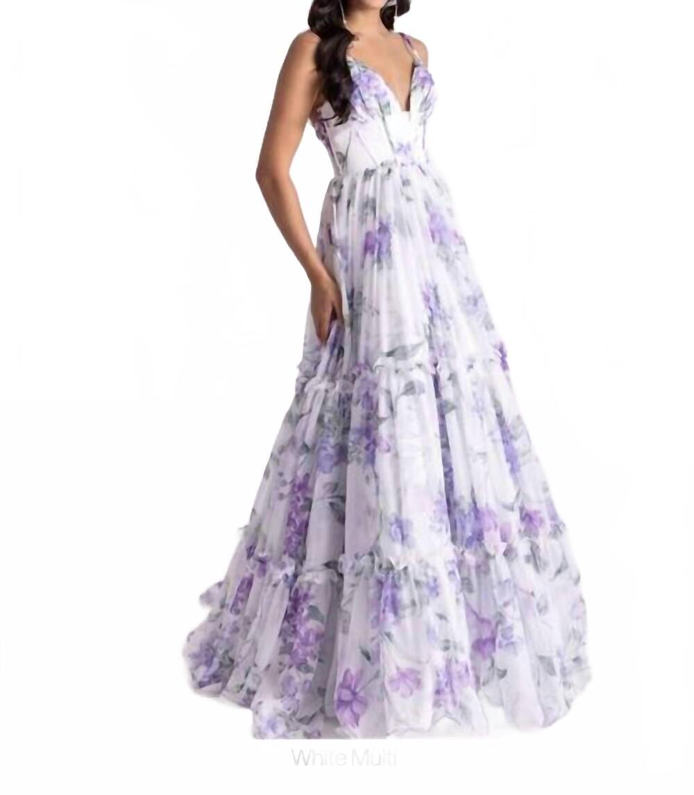 NEW RACHEL ALLAN print sleeveless a-line prom gown in white multi